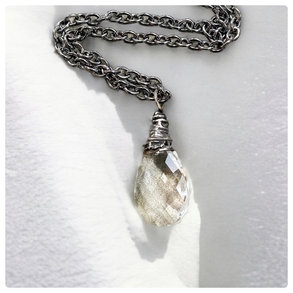 HANDCRAFTED Soldered Clear Crystal Tear Drop Pendant on Gunmetal Chain - Picture 5 of 10